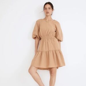 Madewell Women's Seersucker Puff-Sleeve Cutout Mini Dress in Seed Khaki